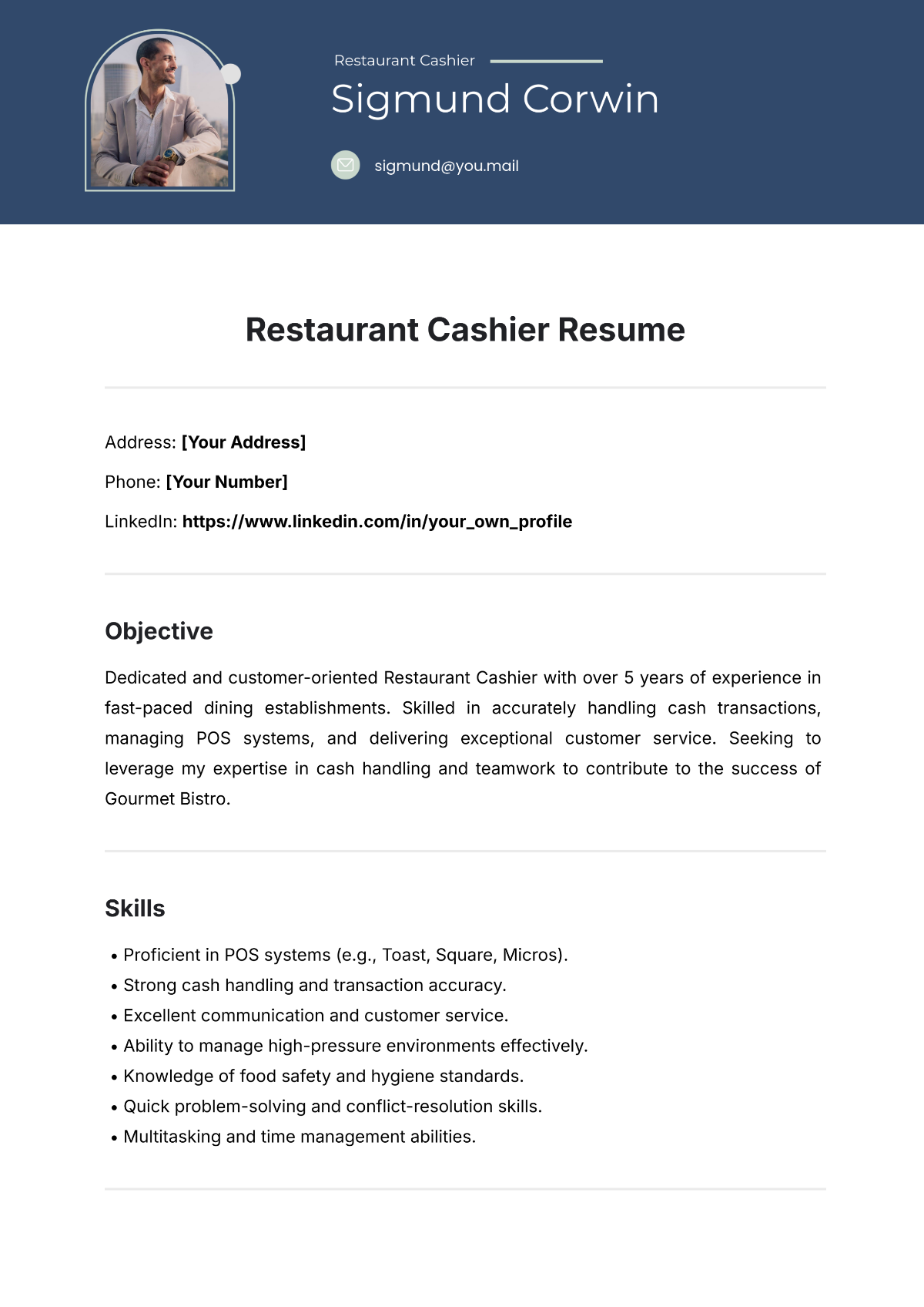 Restaurant Cashier Resume Template