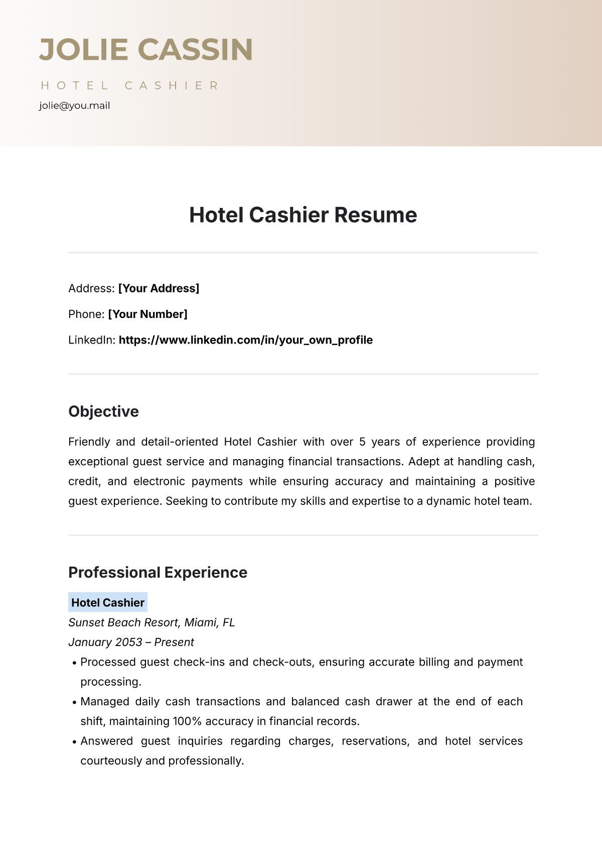 Hotel Cashier Resume Template