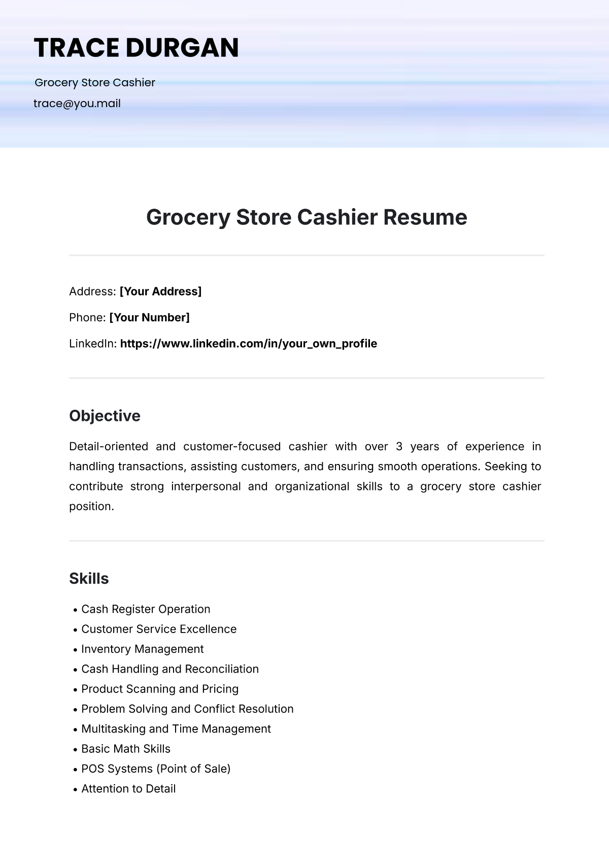 Grocery Store Cashier Resume Template