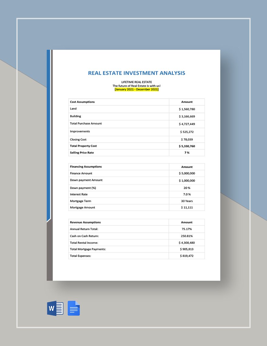 Real Estate Investment Analysis Spreadsheet Template - Google Docs ...
