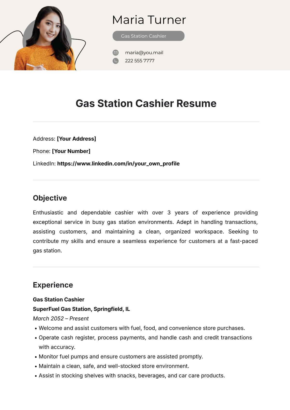 Gas Station Cashier Resume Template