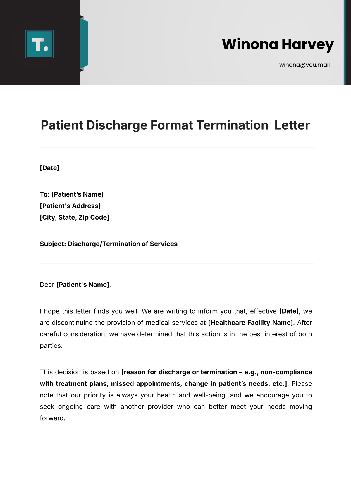 Free Patient Discharge Format Termination Letter Template