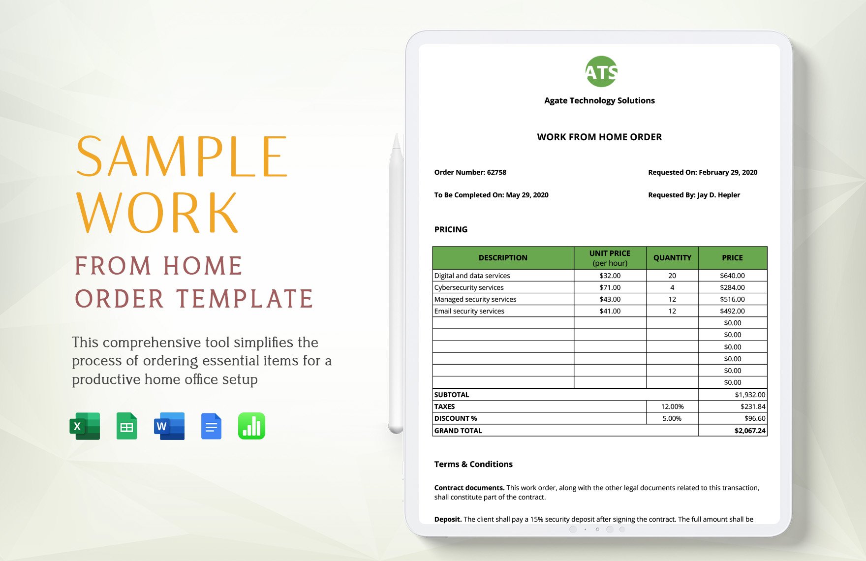 Free Sample Work From Home Order Template in Word, Google Docs, Excel, Google Sheets, Apple Numbers