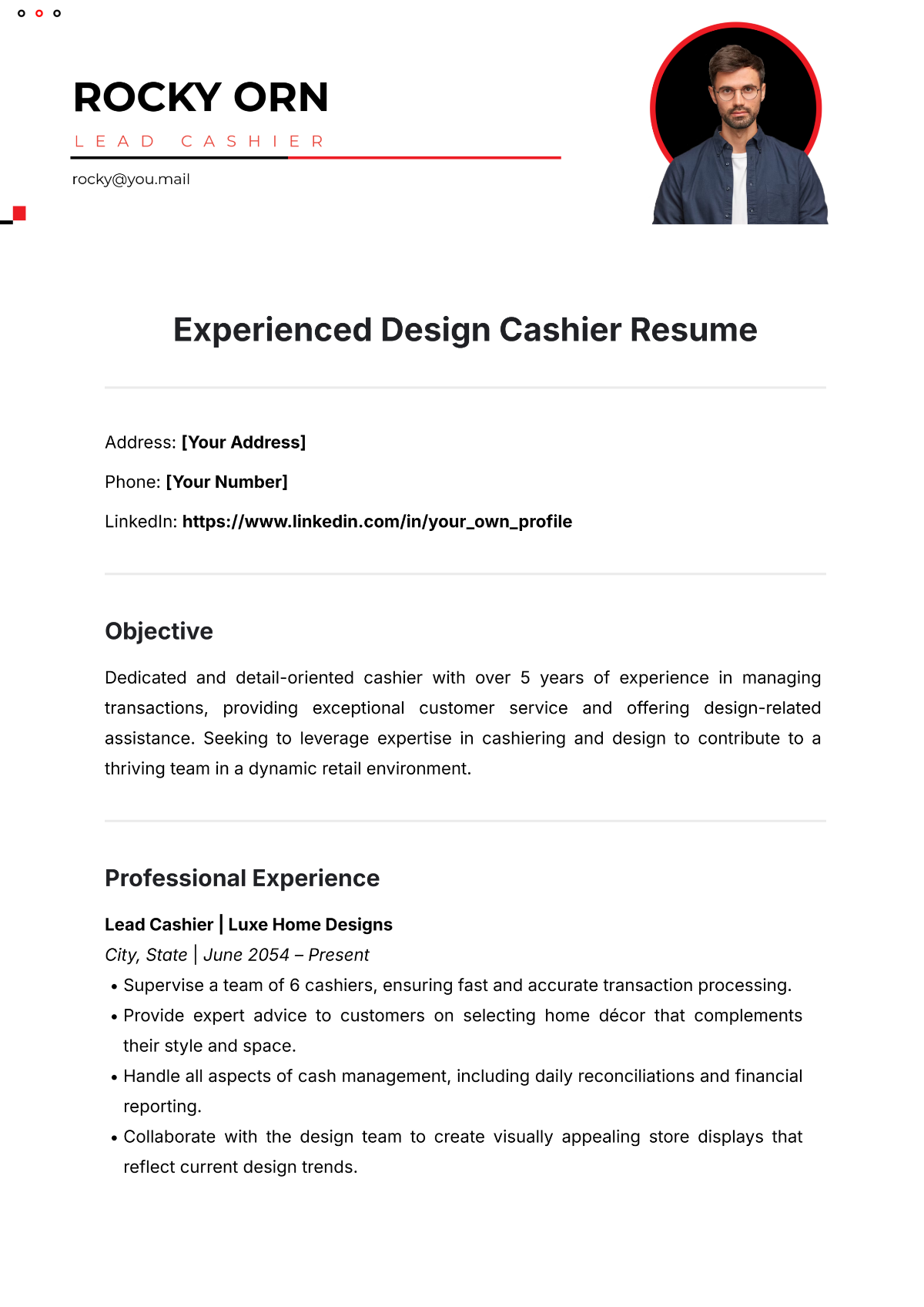 Experienced Design Cashier Resume Template