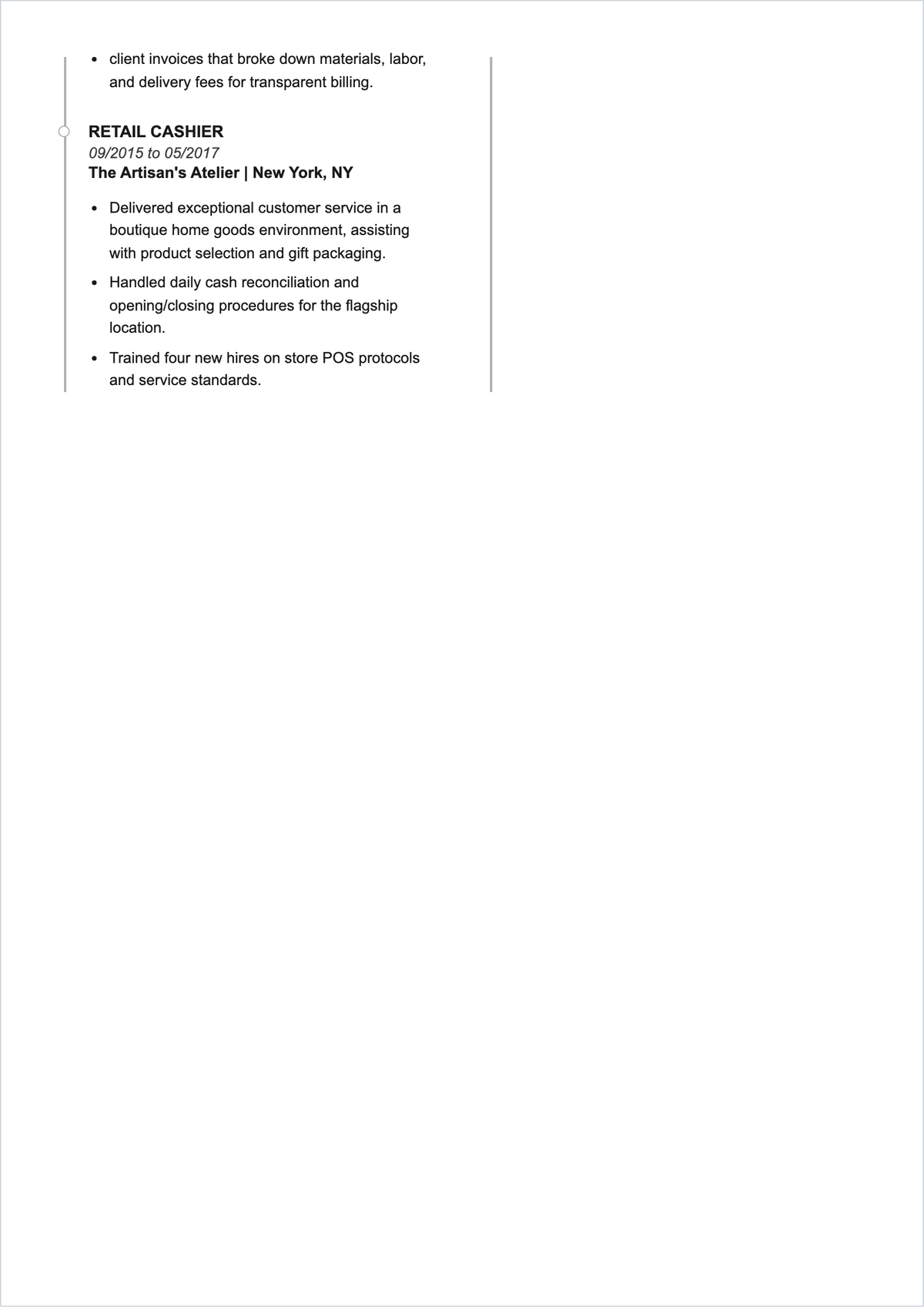 Free Experienced Design Cashier ATS Resume Template, AI Resume Builder