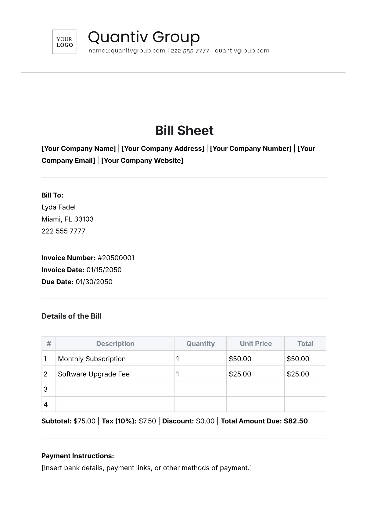 Bill Sheet Template - Edit Online & Download