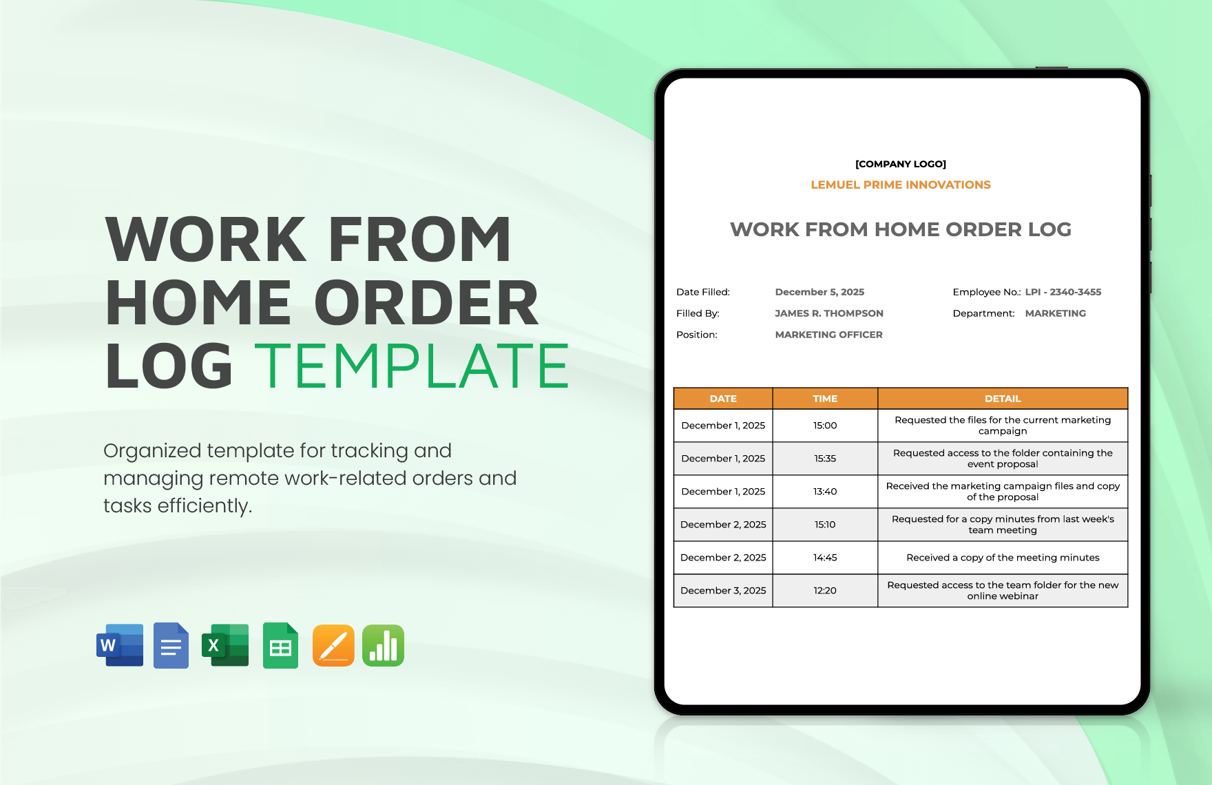 Work From Home Order Log Template in Word, Google Docs, Excel, Google Sheets, Apple Pages, Apple Numbers