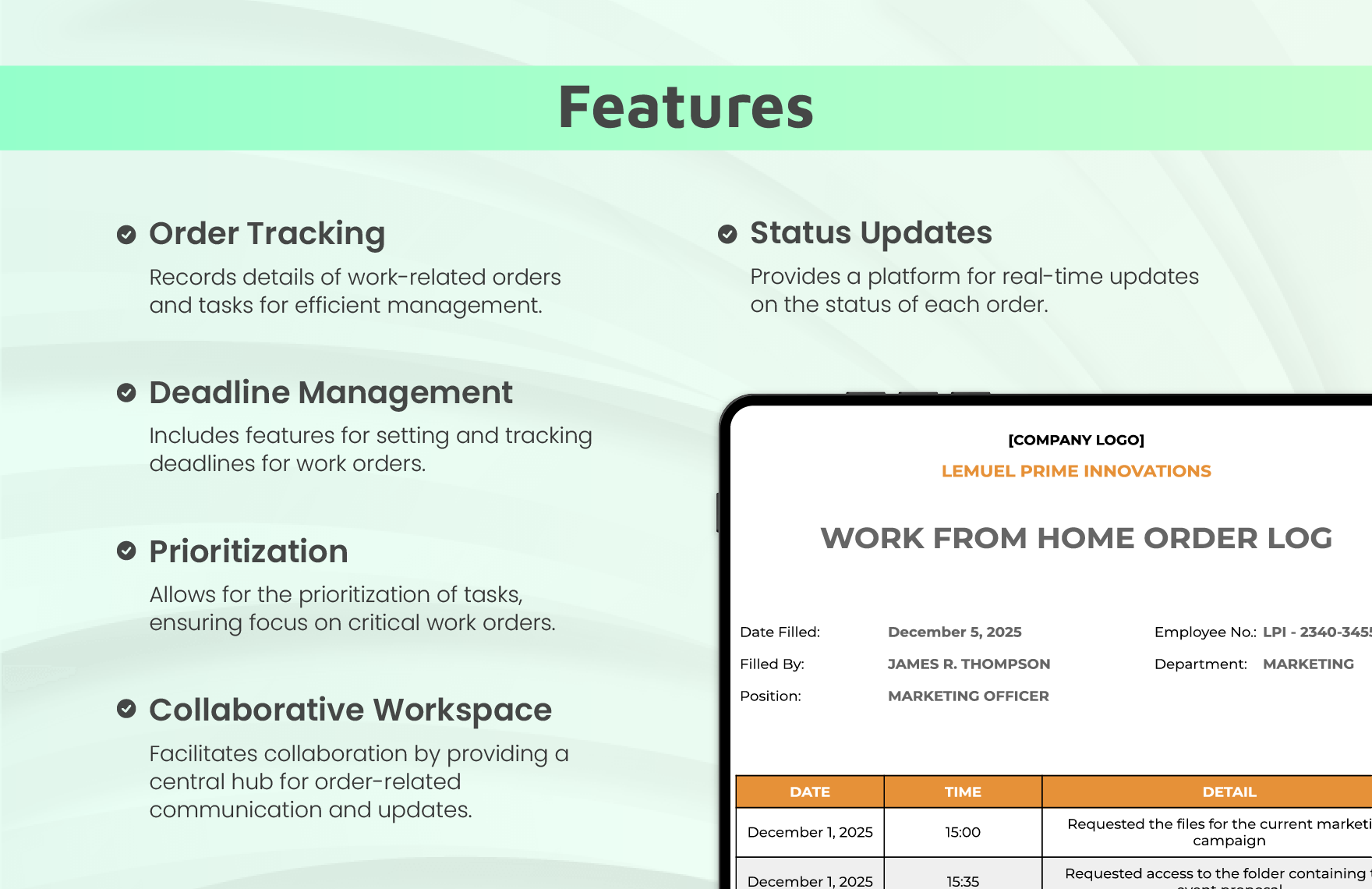 Work From Home Order Log Template