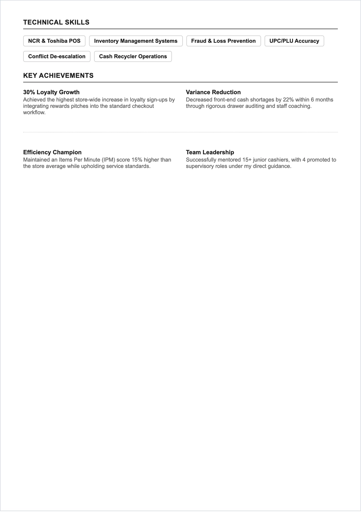 Free Senior Cashier ATS Resume Template, AI Resume Builder