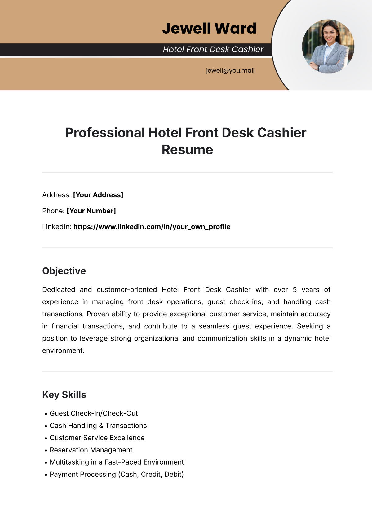 Free Professional Hotel Front Desk Cashier Resume Template