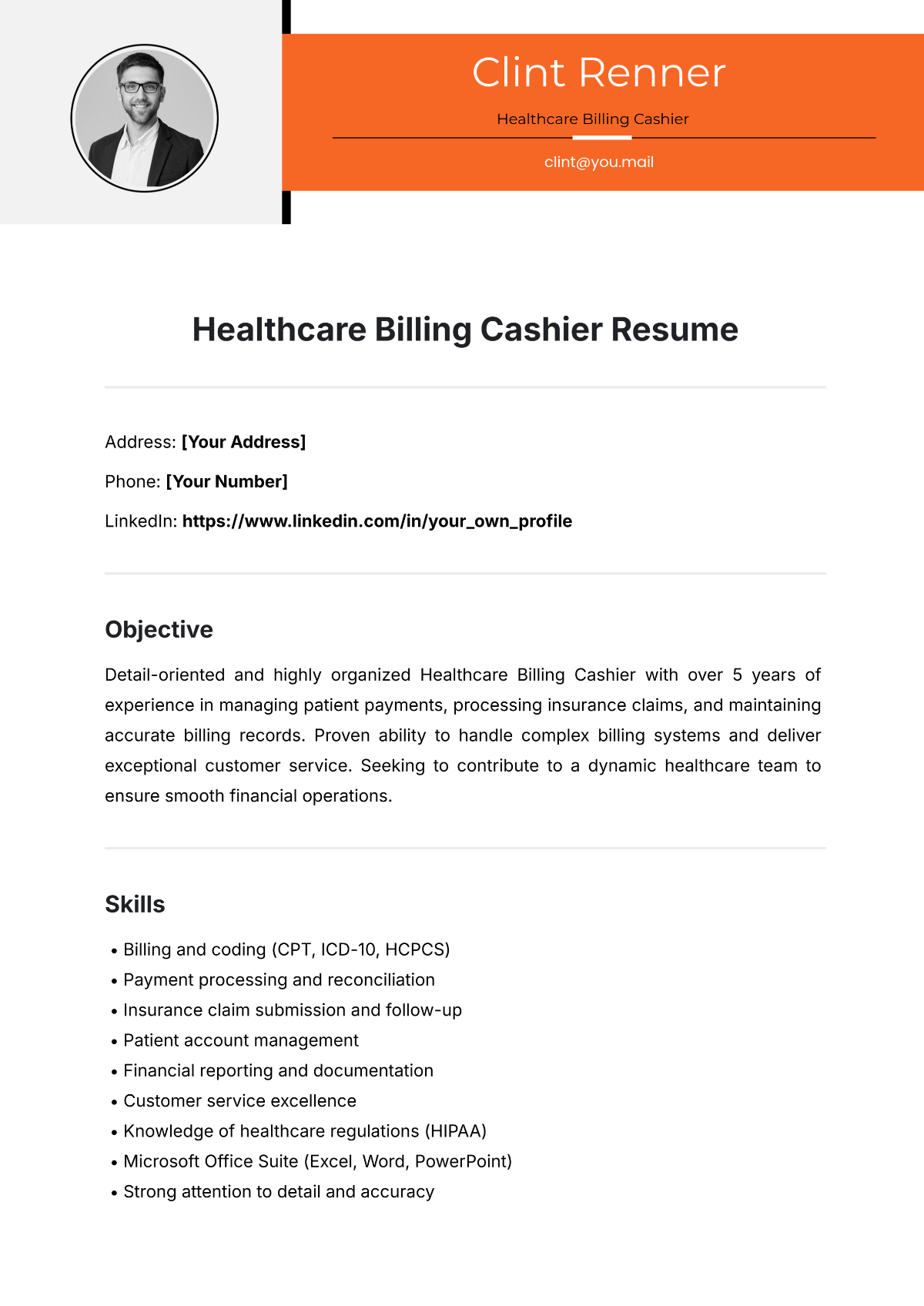 Free Healthcare Billing Cashier Resume Template