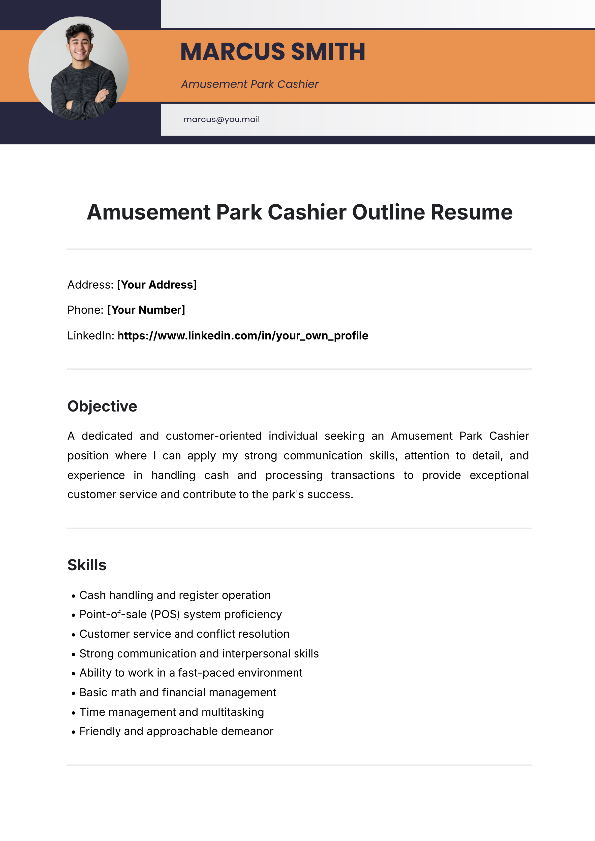 Free Amusement Park Cashier Outline Resume Template