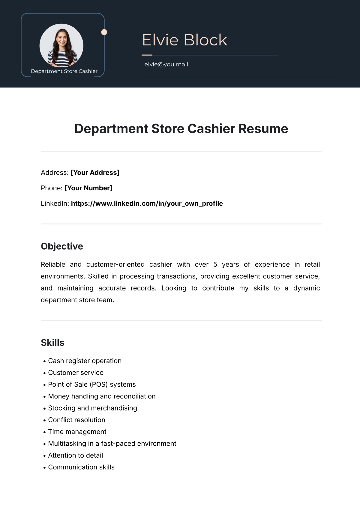 Free Department Store Cashier Resume Template