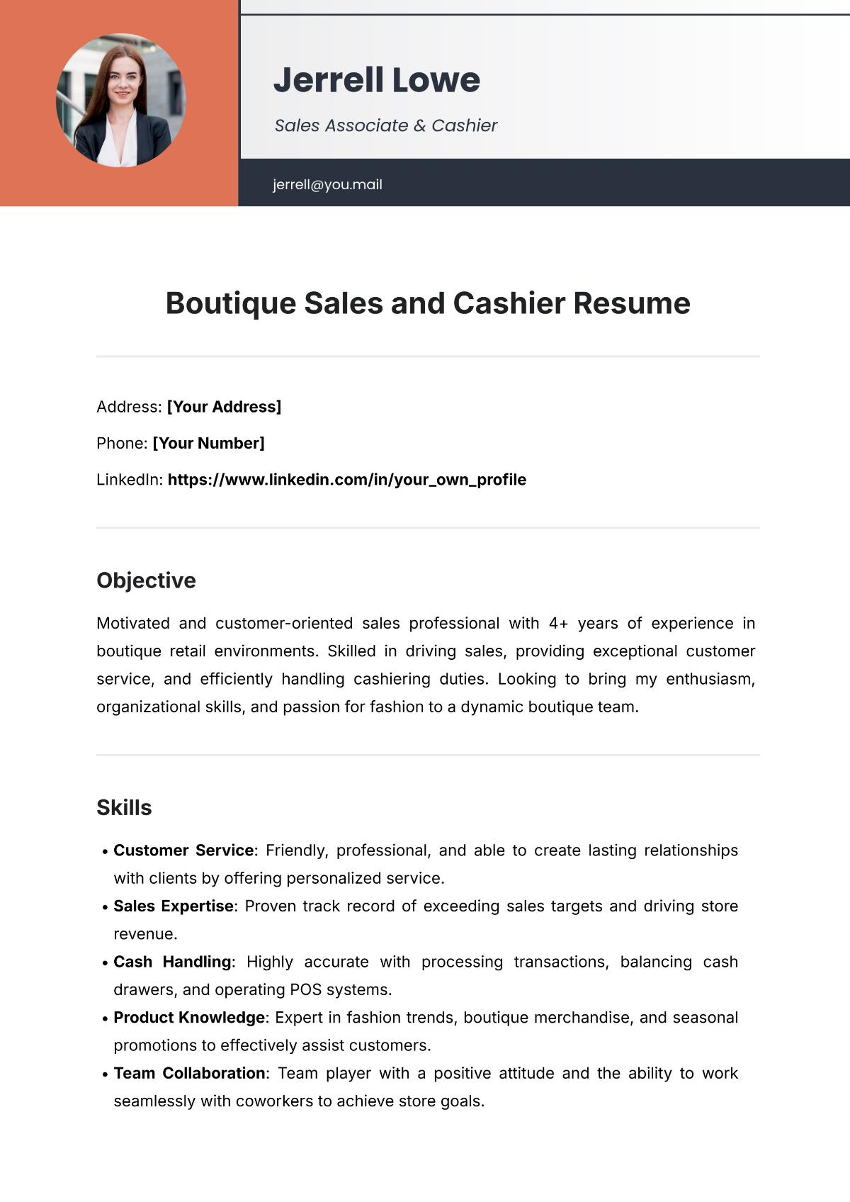 Free Boutique Sales and Cashier Resume Template