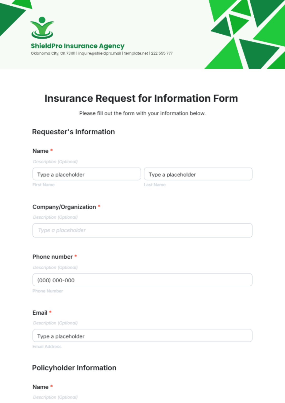 Free Insurance Request for Information Form Template