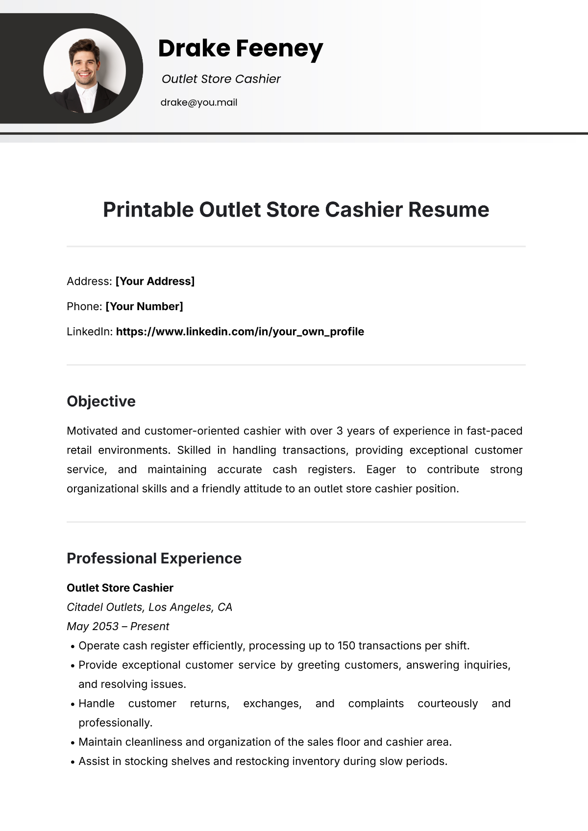 Free Printable Outlet Store Cashier Resume Template