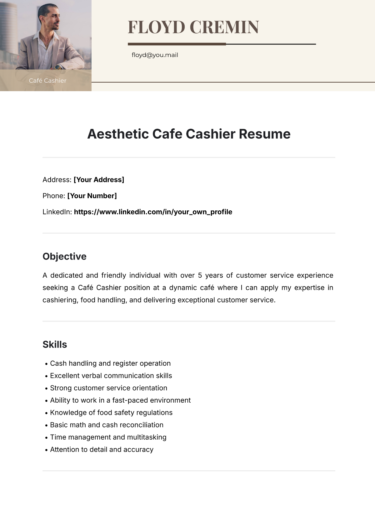 Free Aesthetic Cafe Cashier Resume Template