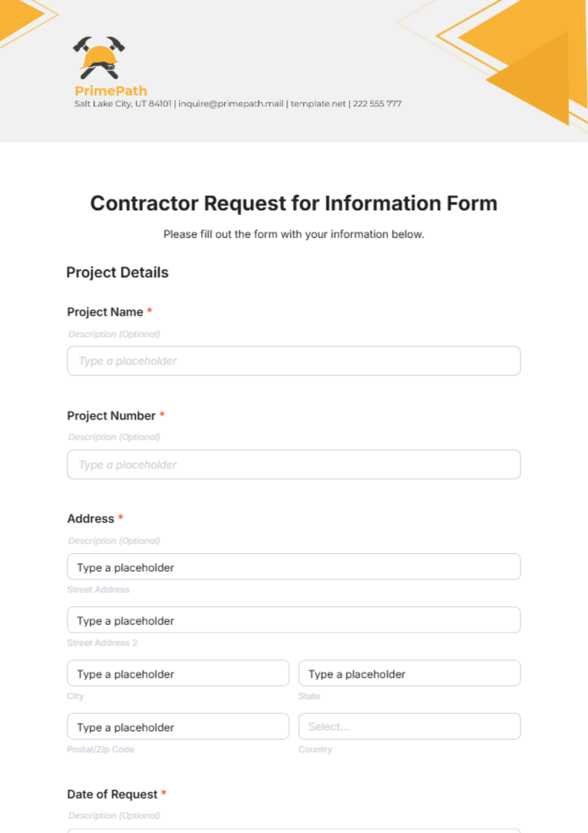 Free Contractor Request for Information Form Template