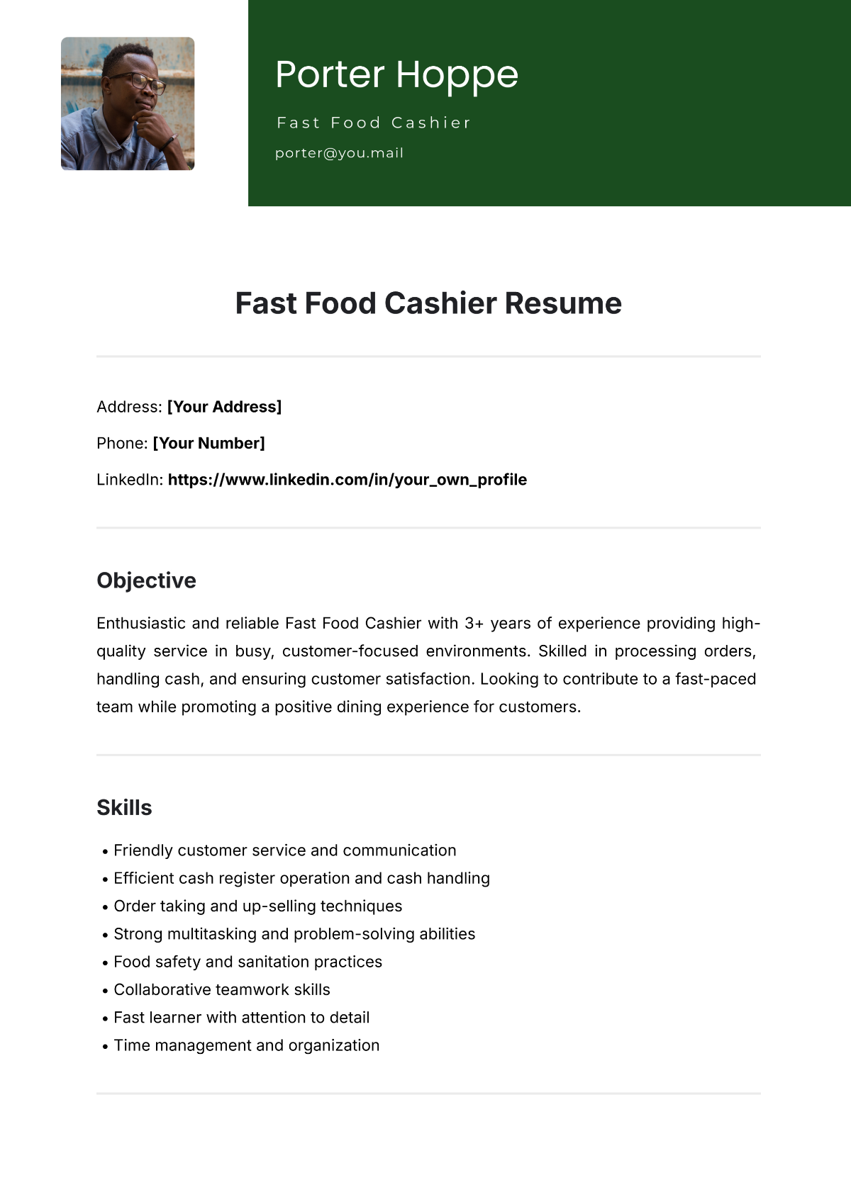 Free Fast Food Cashier Resume Template