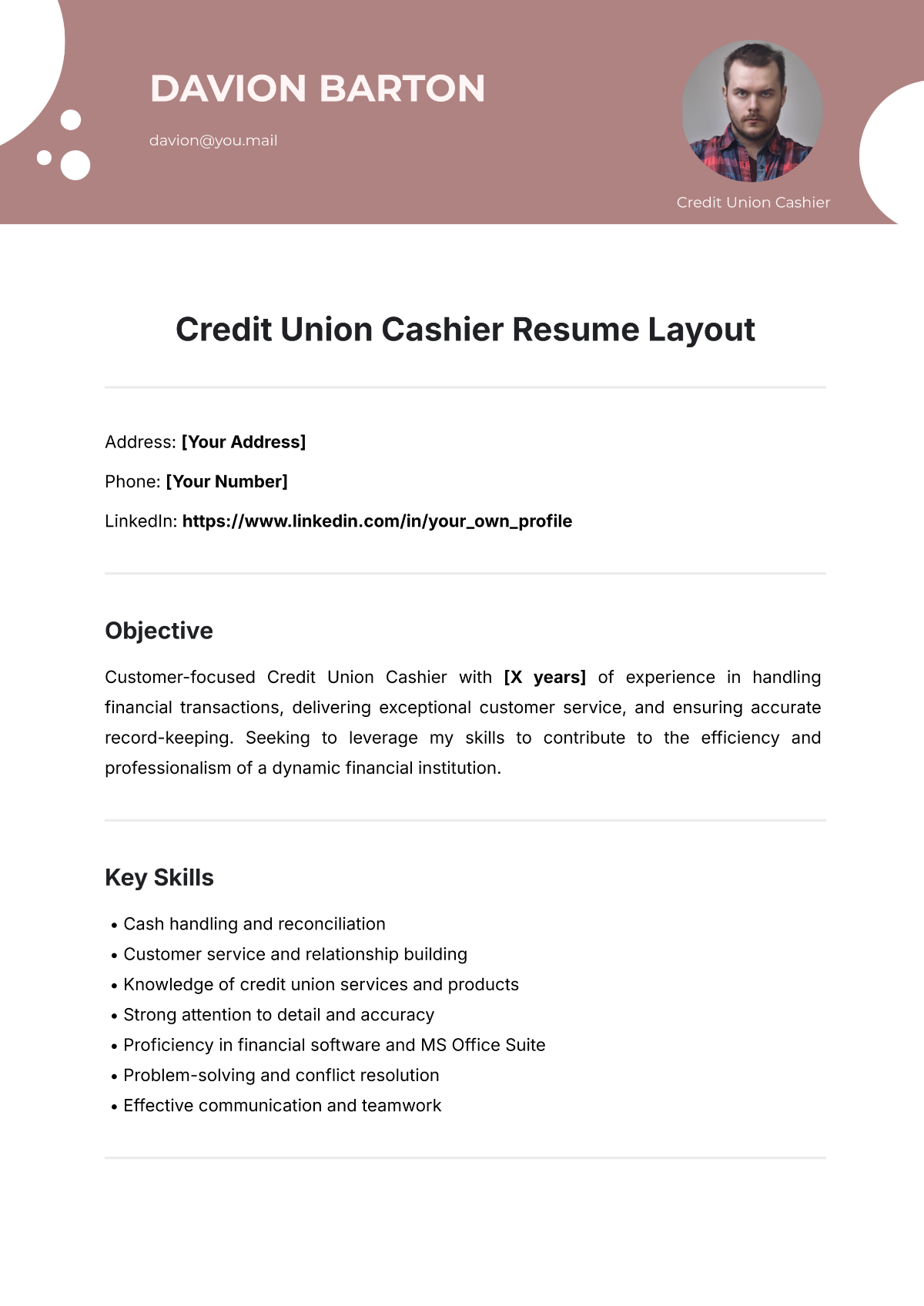 Free Credit Union Cashier Resume Layout Template