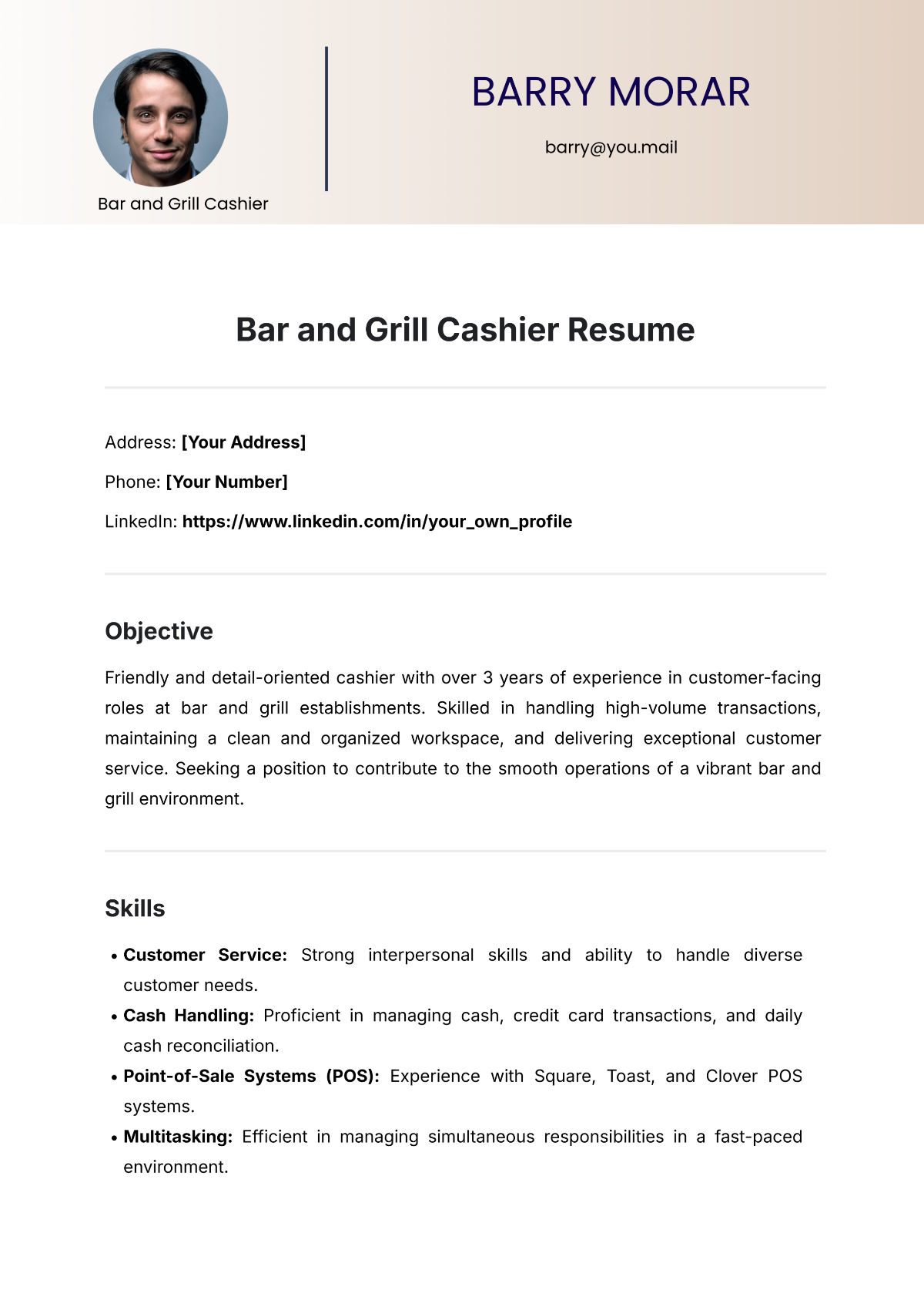 Free Bar and Grill Cashier Resume Template