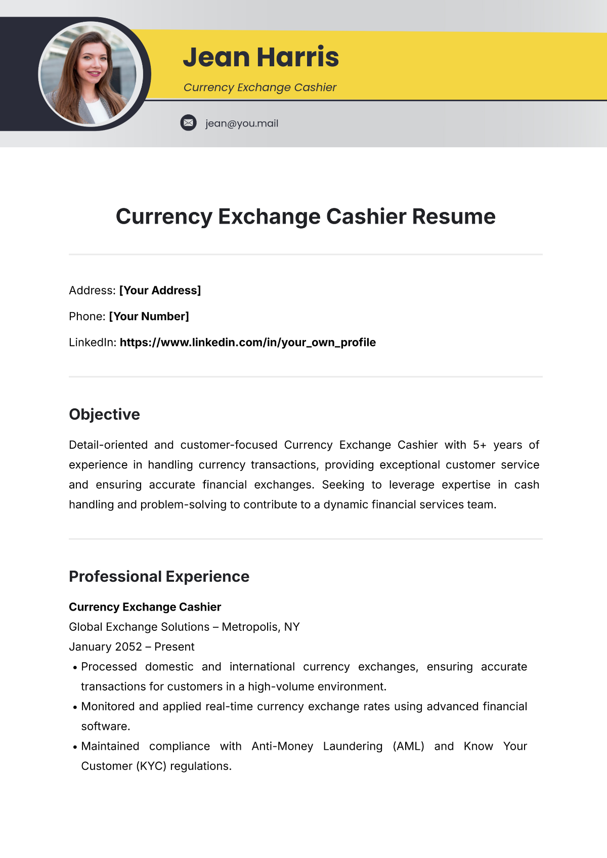 Free Currency Exchange Cashier Resume Template