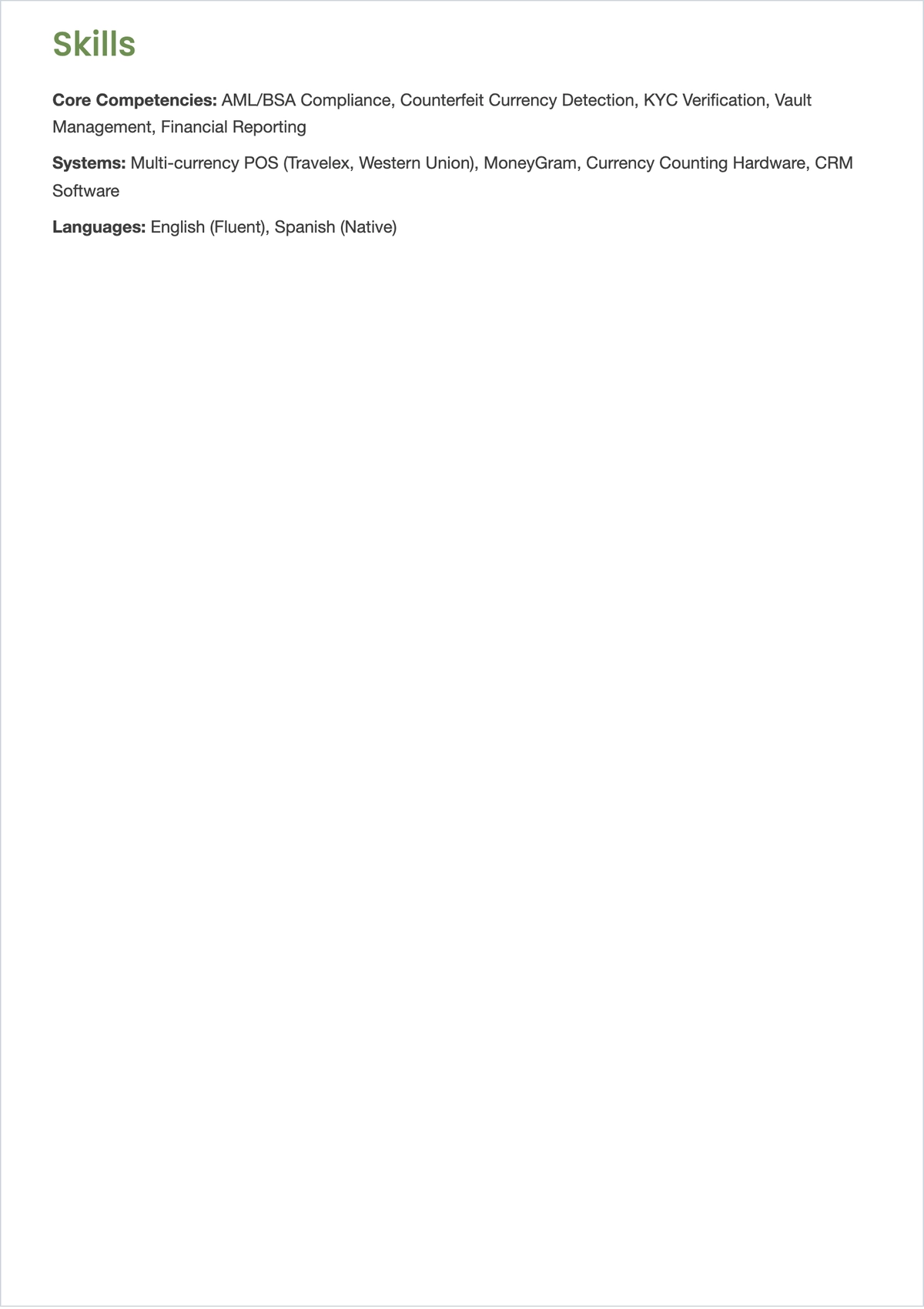 Free Currency Exchange Cashier ATS Resume Template, AI Resume Builder