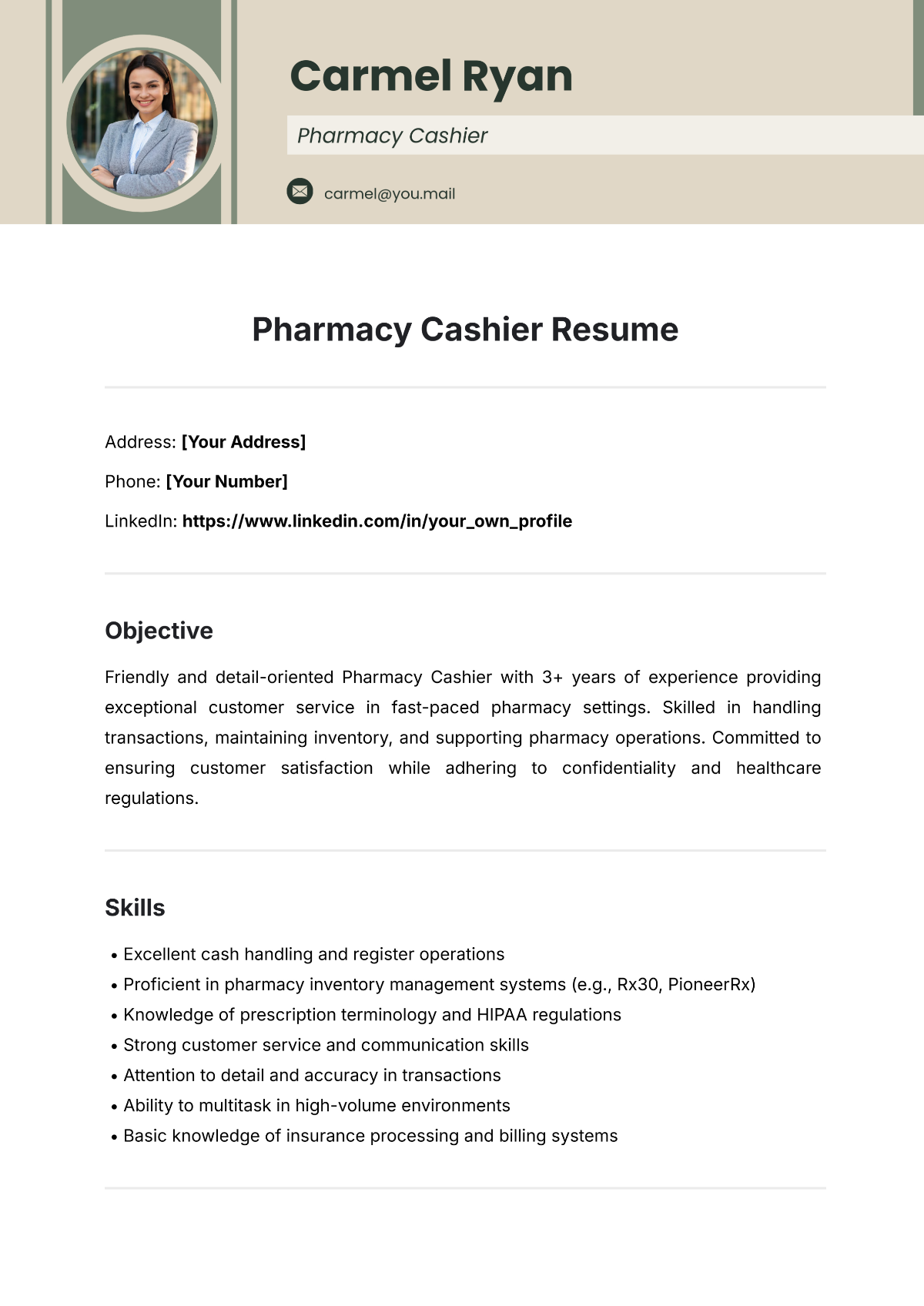 Free Pharmacy Cashier Resume Template