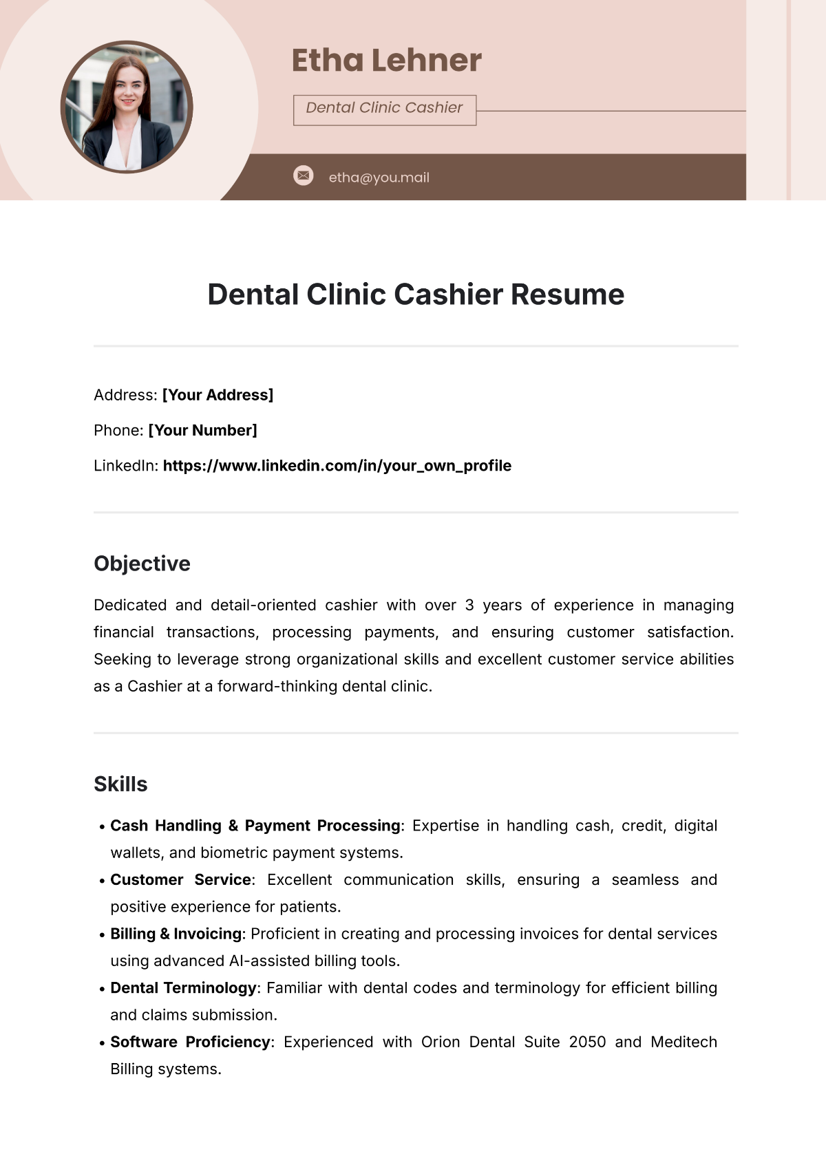 Free Dental Clinic Cashier Resume Template