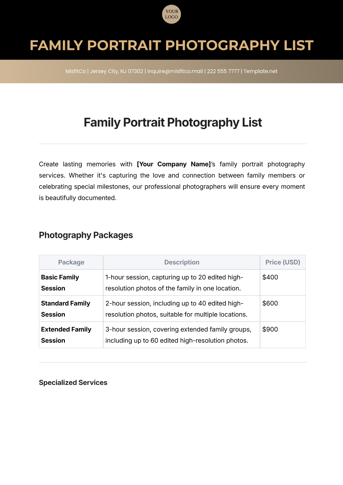 Free Family Portrait Photography List Template