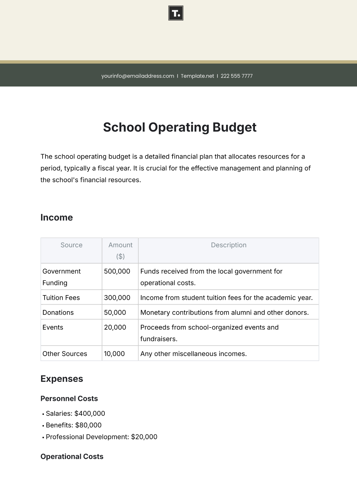 Free School Operating Budget Template