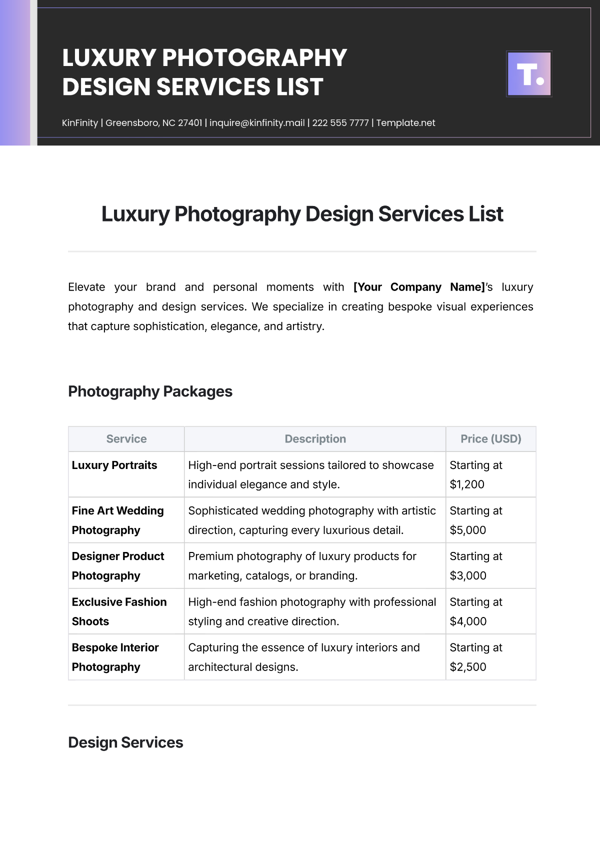 Free Luxury Photography Design Services List Template