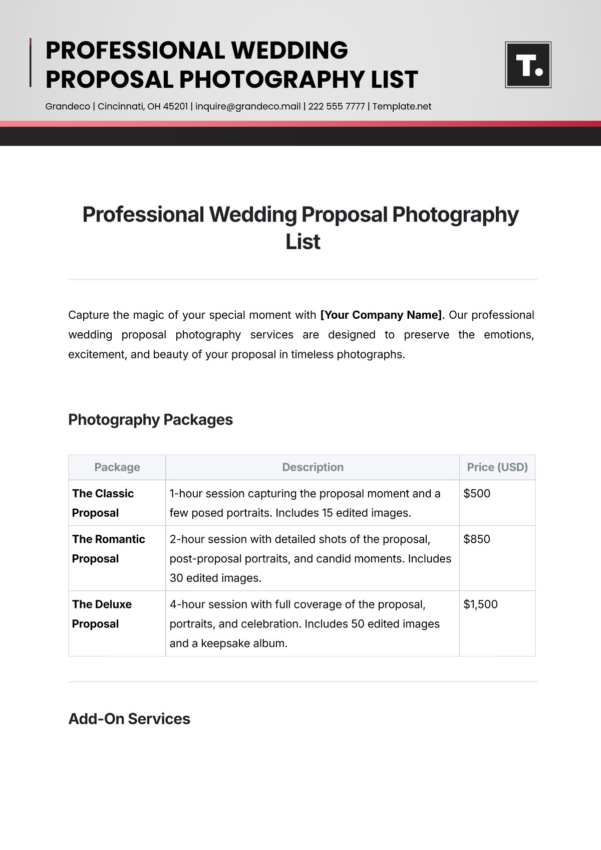 Free Professional Wedding Proposal Photography List Template