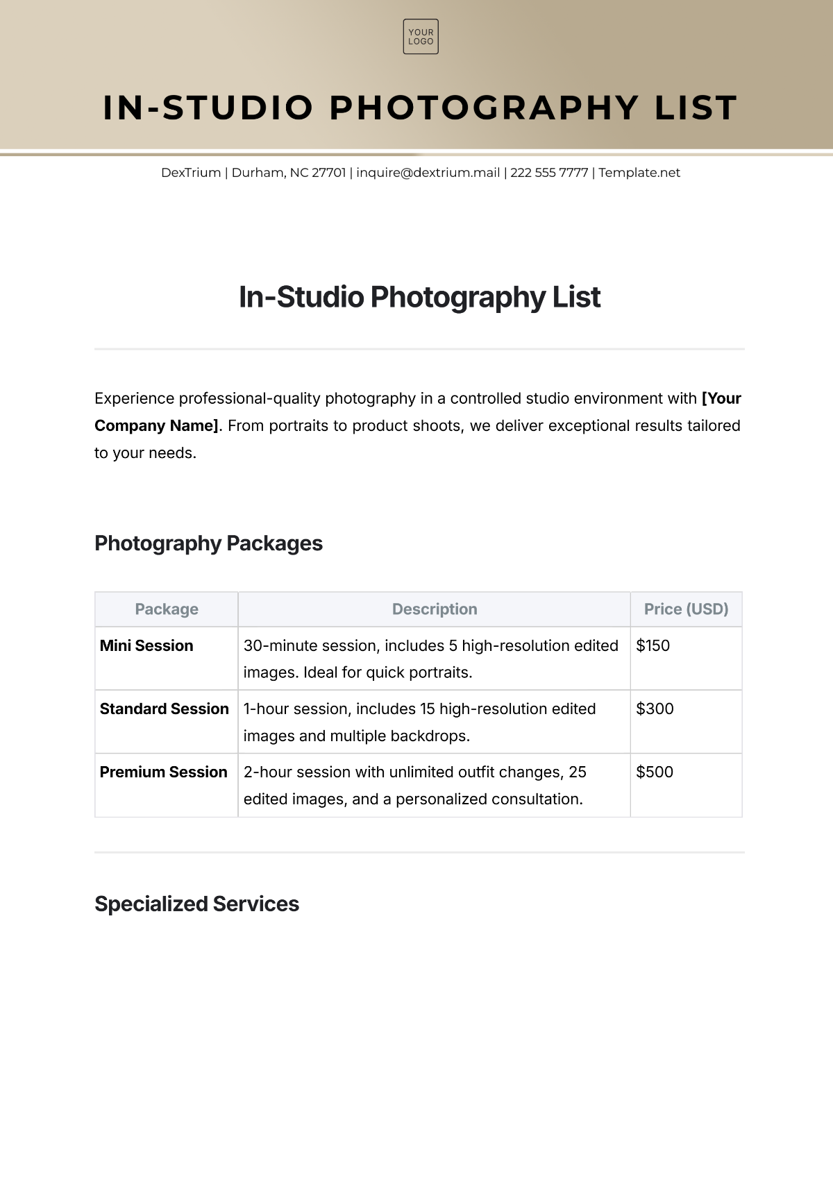 Free In-Studio Photography List Template