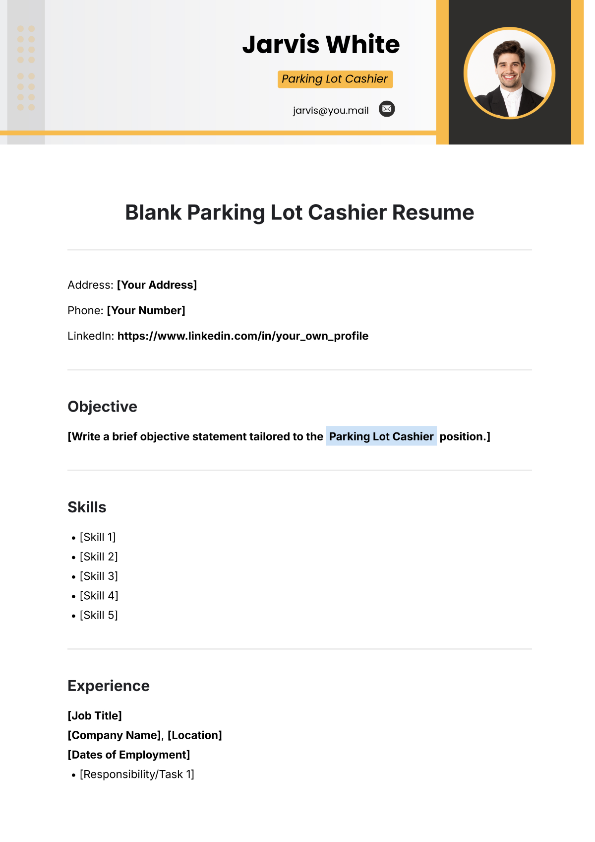 Free Blank Parking Lot Cashier Resume Template