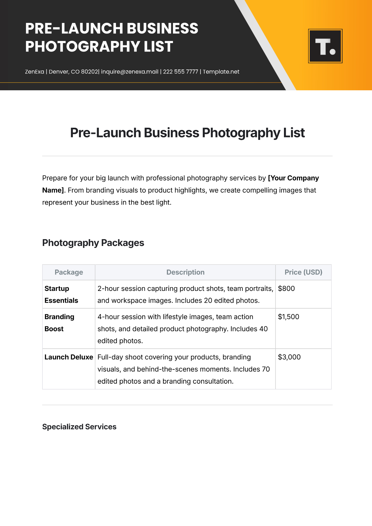 Free Pre-Launch Business Photography List Template