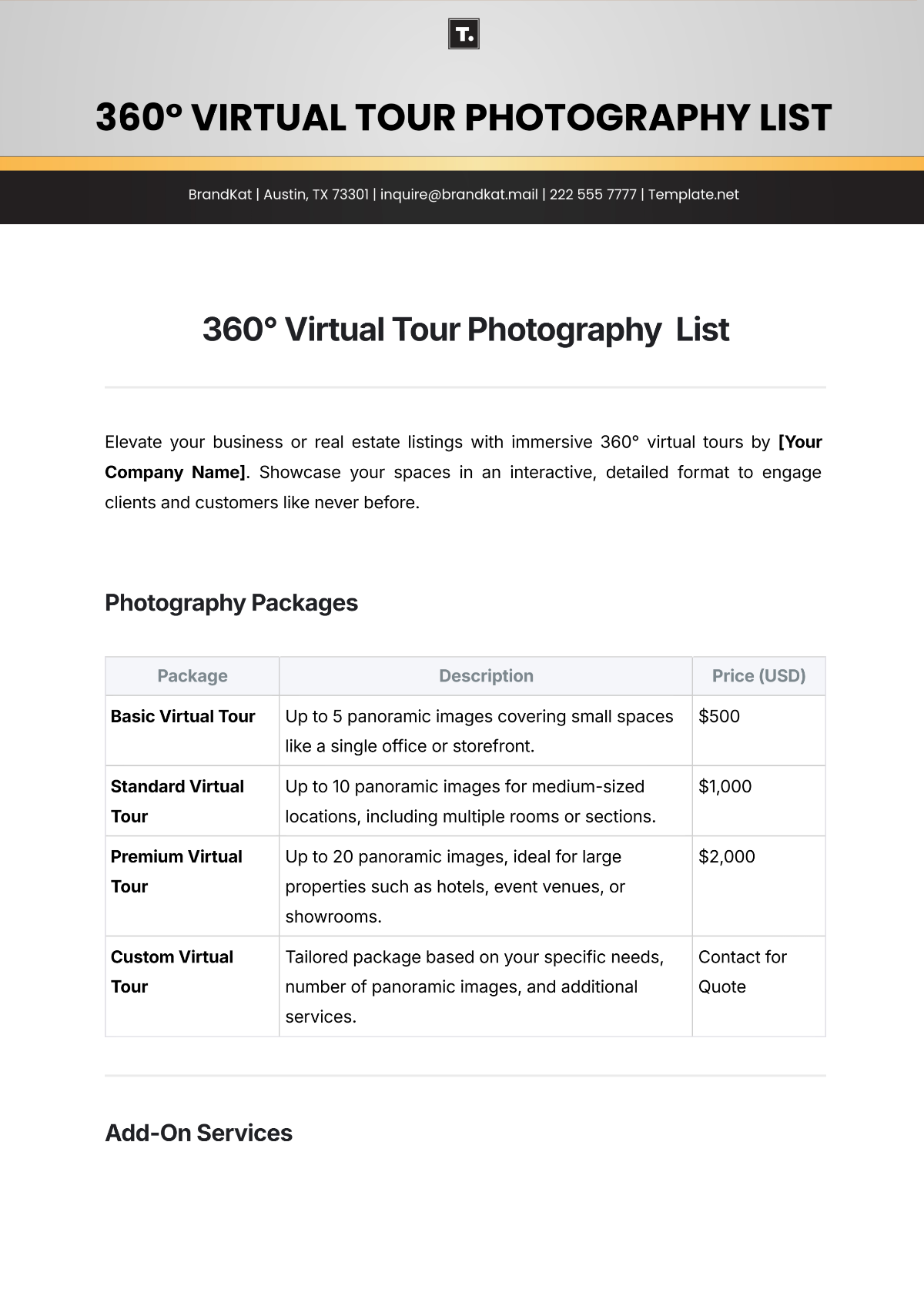 Free 360° Virtual Tour Photography  List Template