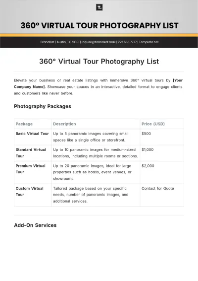 Free 360?? Virtual Tour Photography  List Template to Edit Online