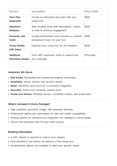 Free 360?? Virtual Tour Photography  List Template to Edit Online