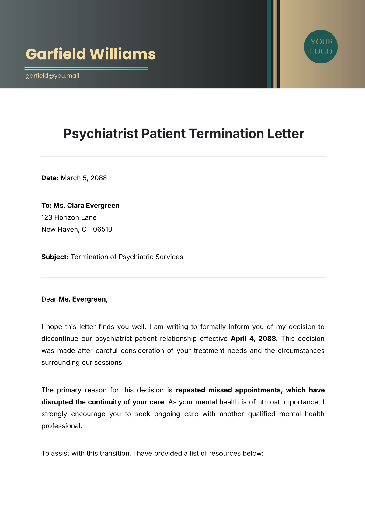 Free Psychiatrist Patient Termination Letter Template