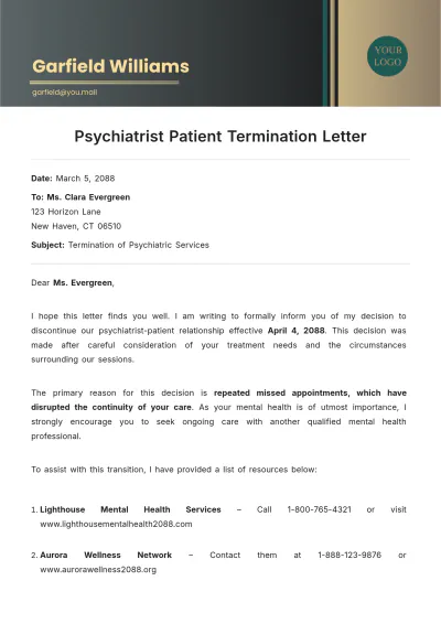 Free Psychiatrist Patient Termination Letter Template to Edit Online