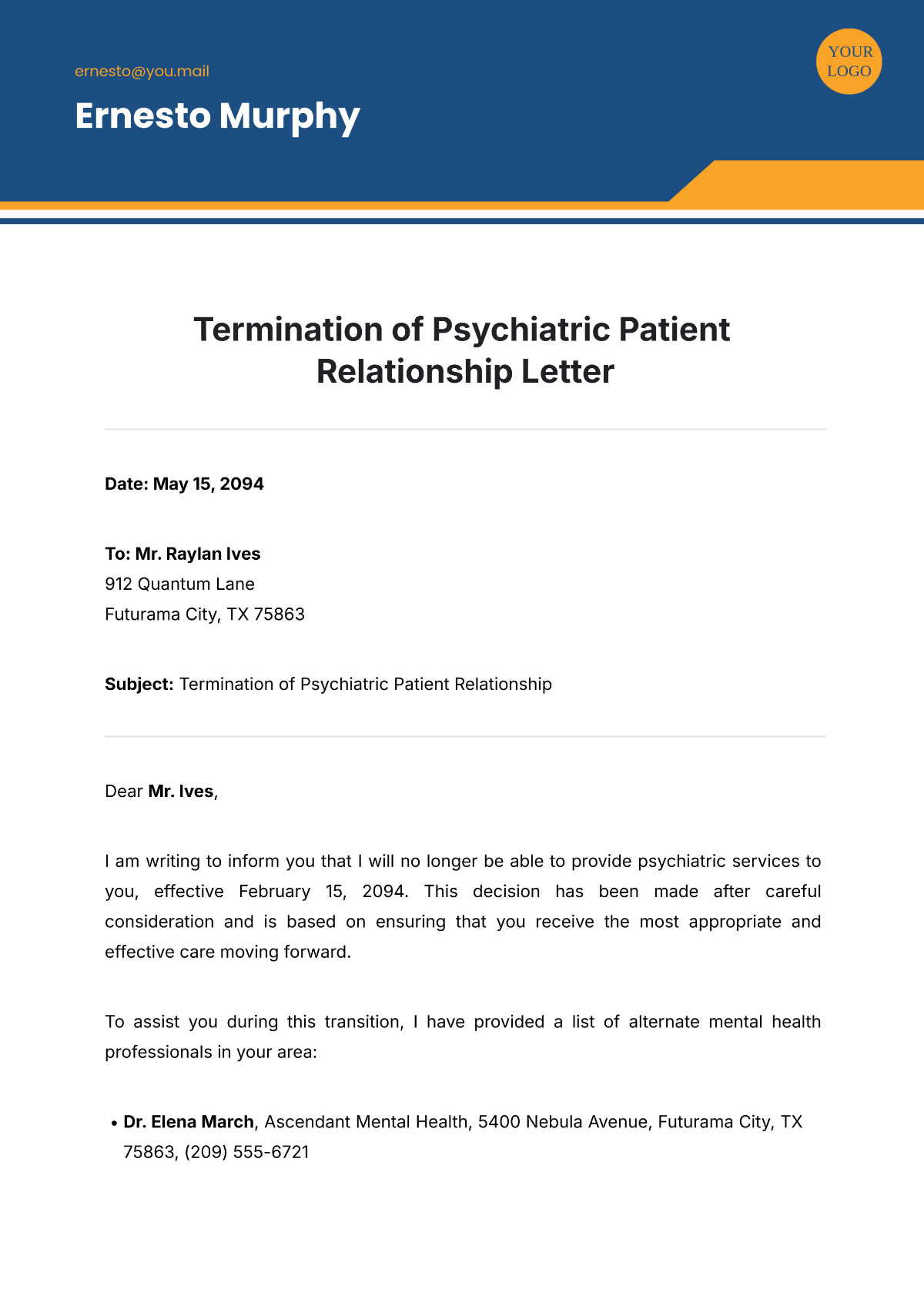 Free Termination of Psychiatric Patient Relationship Letter Template