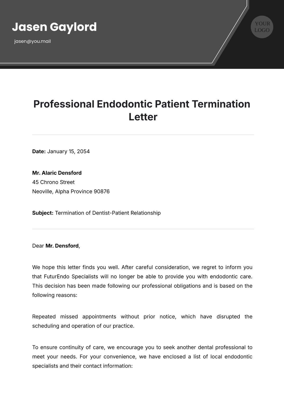 Free Professional Endodontic Patient Termination Letter Template