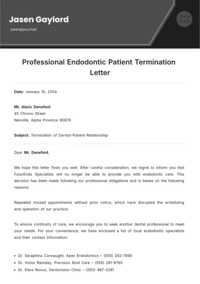 Free Professional Endodontic Patient Termination Letter Template to Edit Online