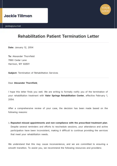 Free Rehabilitation Patient Termination Letter Template to Edit Online