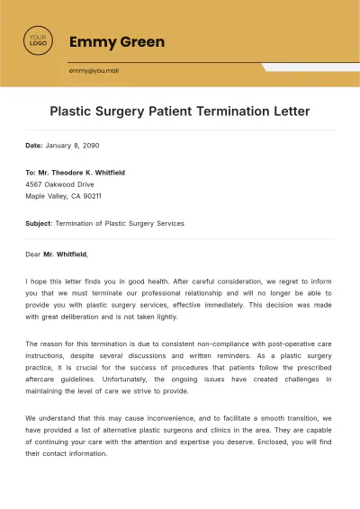 Free Plastic Surgery Patient Termination Letter Template to Edit Online