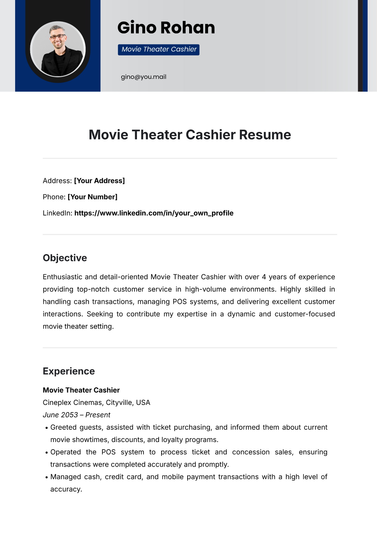 Free Movie Theater Cashier Resume Template