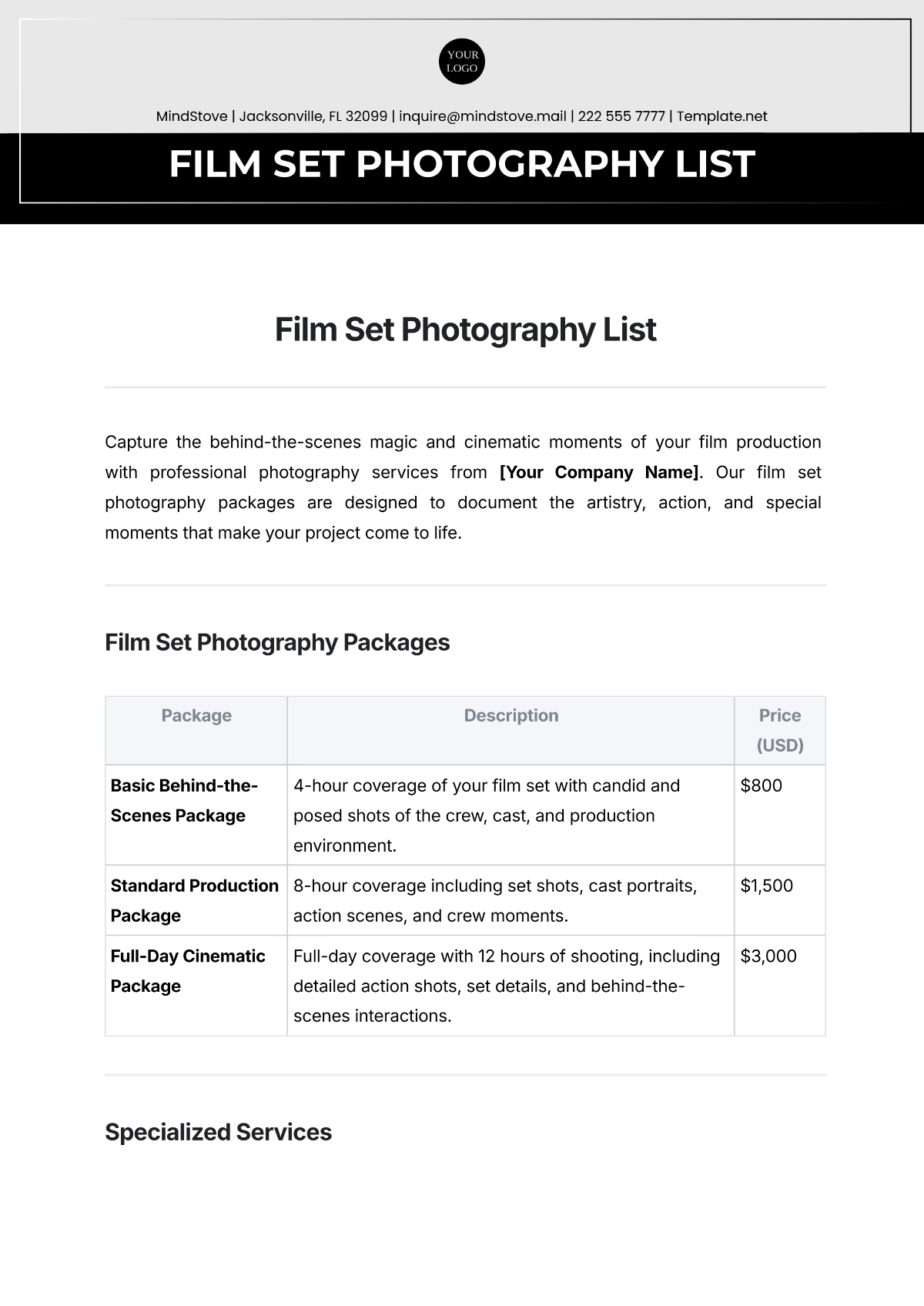 Free Film Set Photography List Template