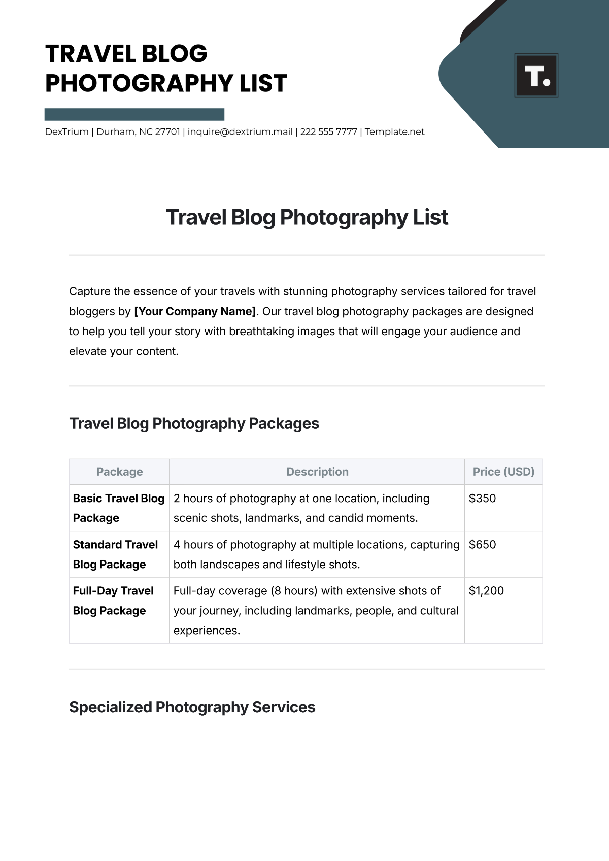 Free Travel Blog Photography List Template