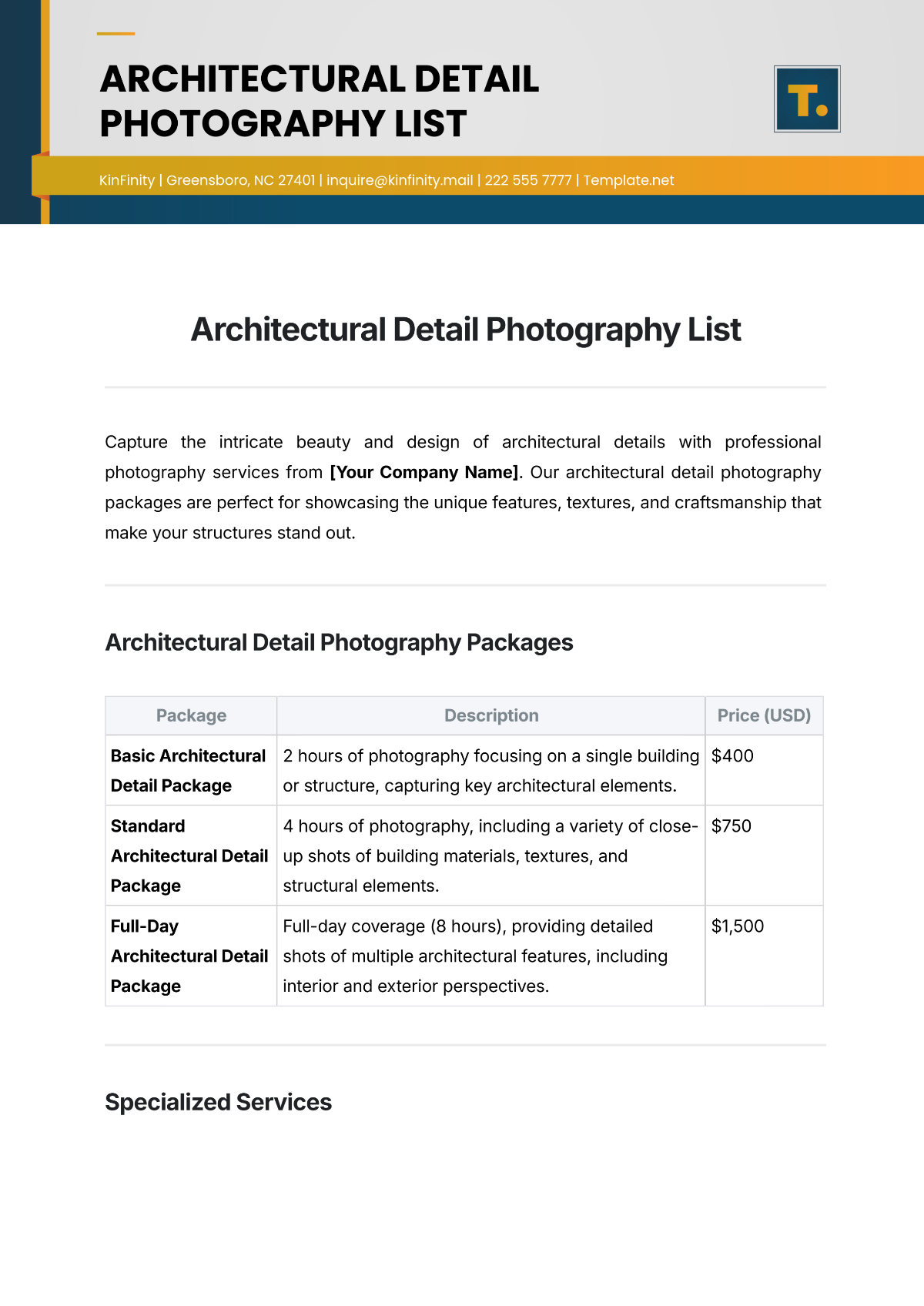 Free Architectural Detail Photography List Template